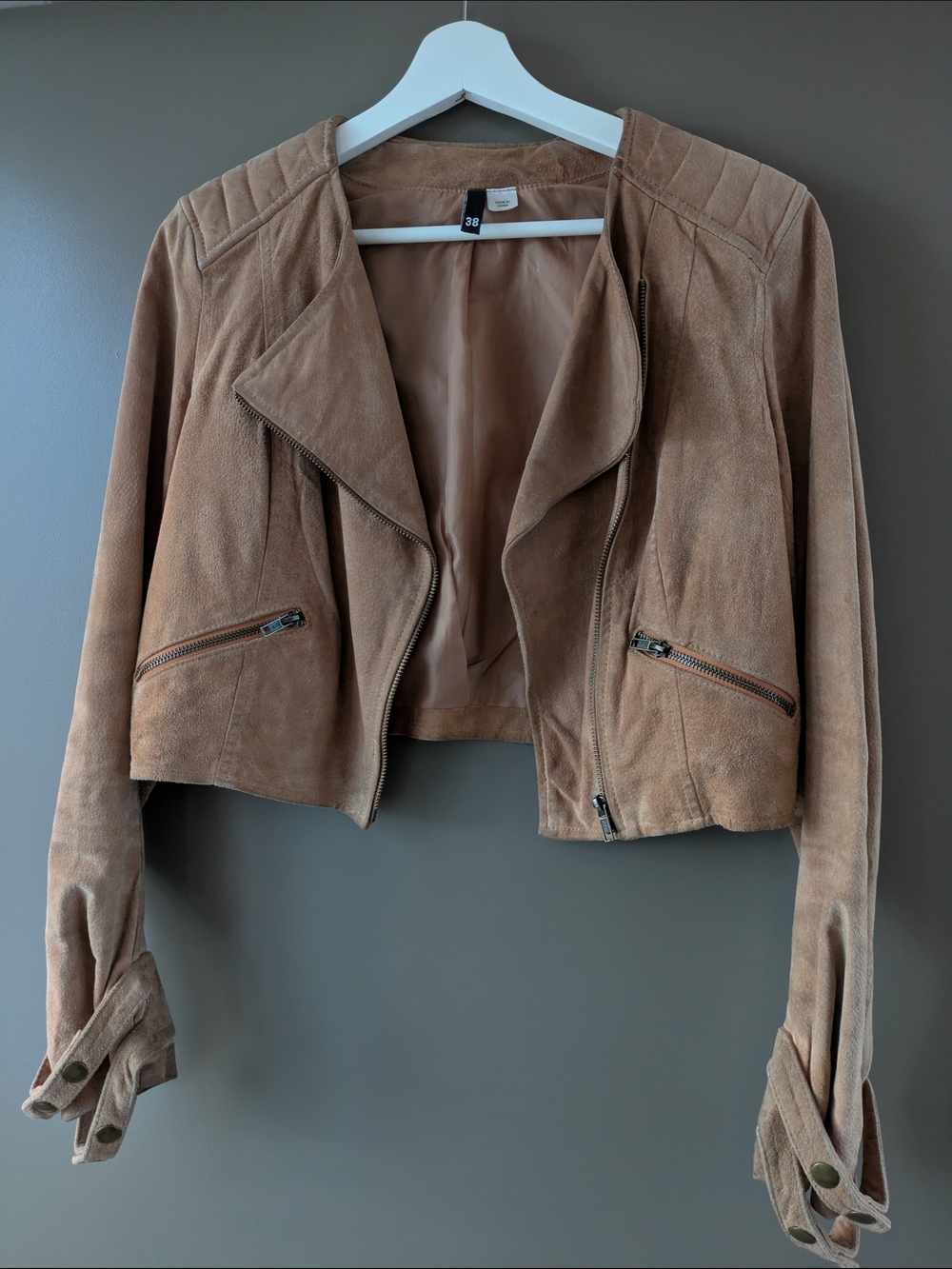 H&M Divided Real Suede Cropped Moto Biker Jacket Tan Camel Cognac Small
